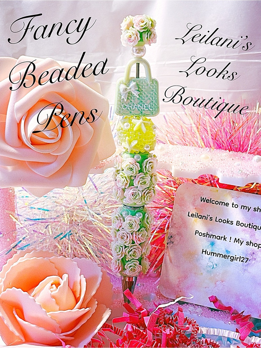 Fancy beaded Pen/gifts/green beads/green purse/bow